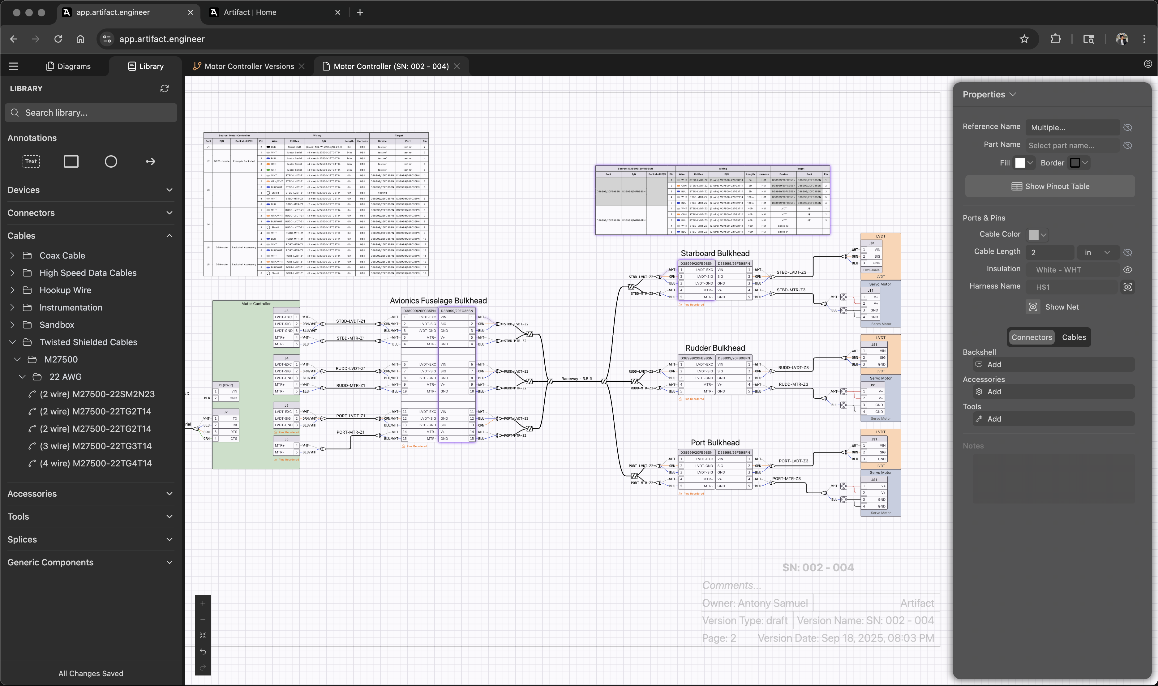 Artifact electrical system design interface